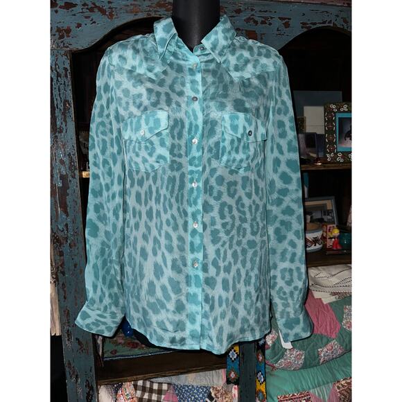 NWT $168 NEIMAN MARCUS 100% SILK TURQUOISE LEOPARD ANIMAL PRINT BLOUSE XS - Picture 9 of 10